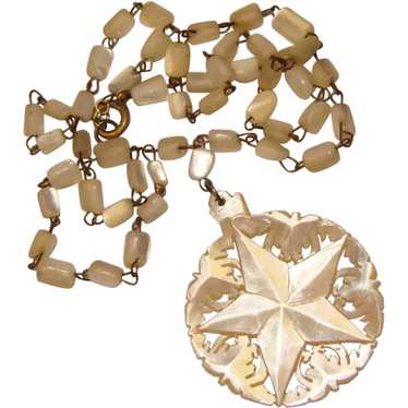Gorgeous Carved Mother of Pearl Vintage Star Pend… - image 1