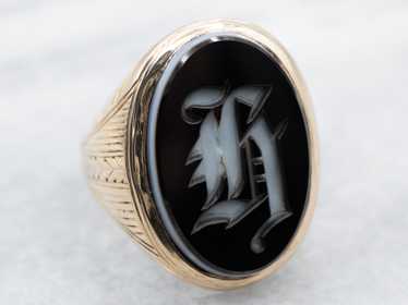 Antique Old English 'H' Monogram Onyx Signet Ring - image 1