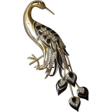 Large Enamel and Rhinestone Peacock Brooch - image 1