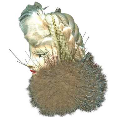 Lady's Head Pin with Hair, Hat & Fur Collar - image 1