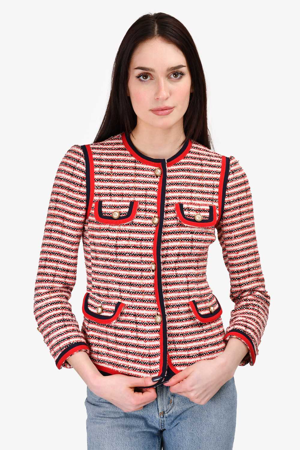 Gucci Red Striped Tweed Pearl Button Jacket Size … - image 1