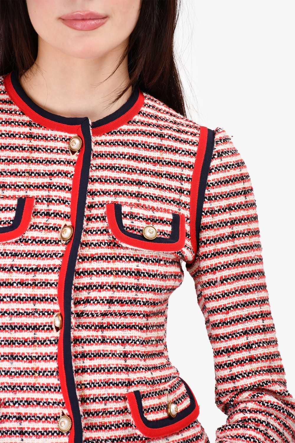 Gucci Red Striped Tweed Pearl Button Jacket Size … - image 2