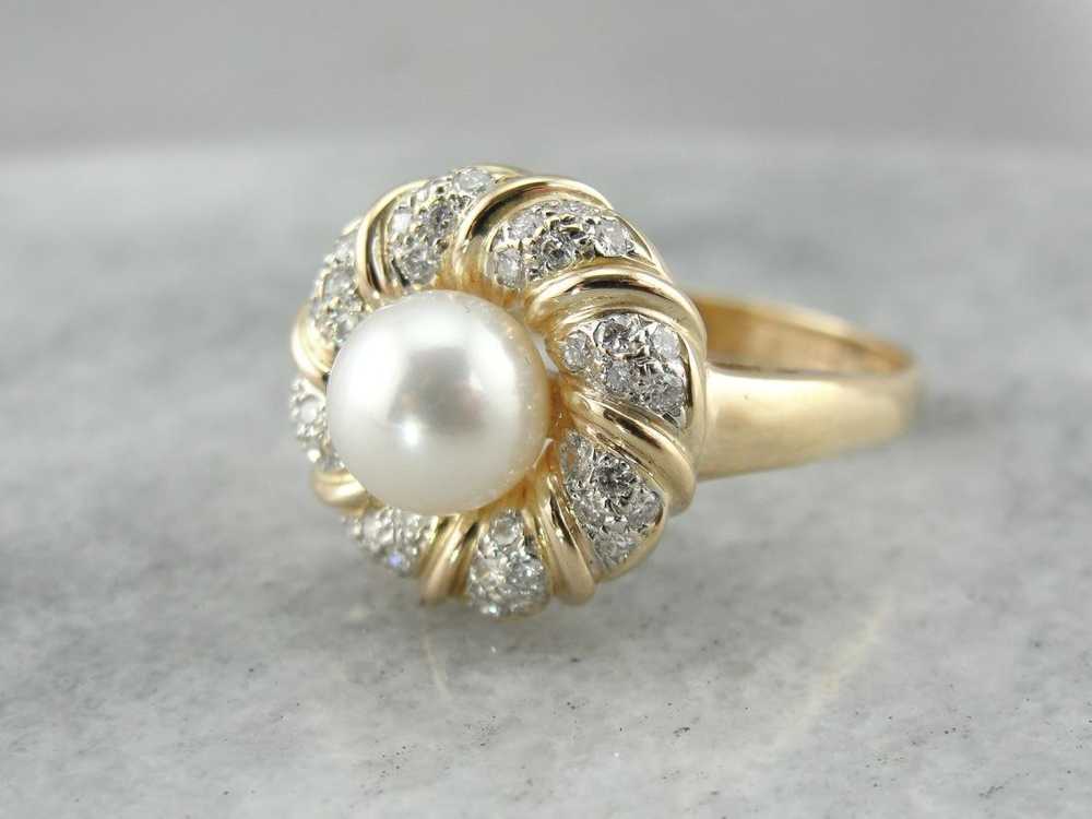Modern White Pearl and Diamond Cocktail Ring - image 2