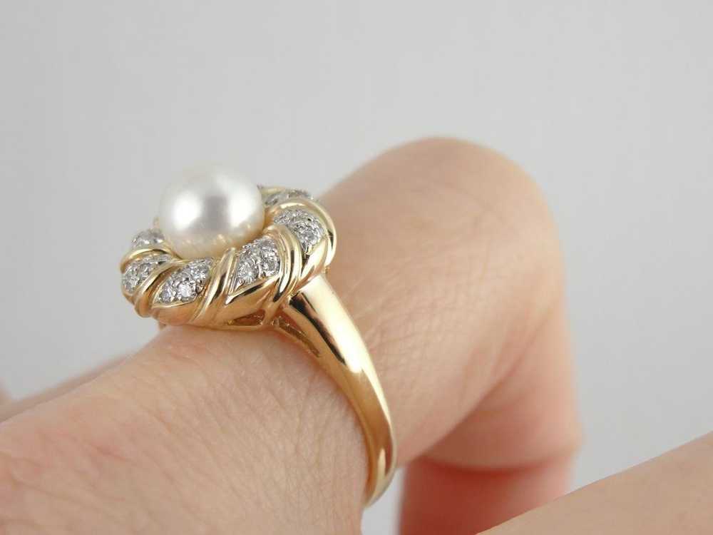 Modern White Pearl and Diamond Cocktail Ring - image 4