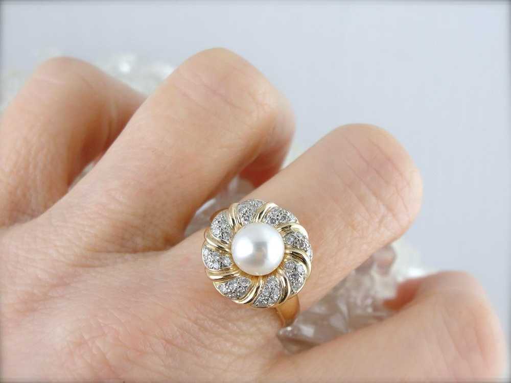 Modern White Pearl and Diamond Cocktail Ring - image 5