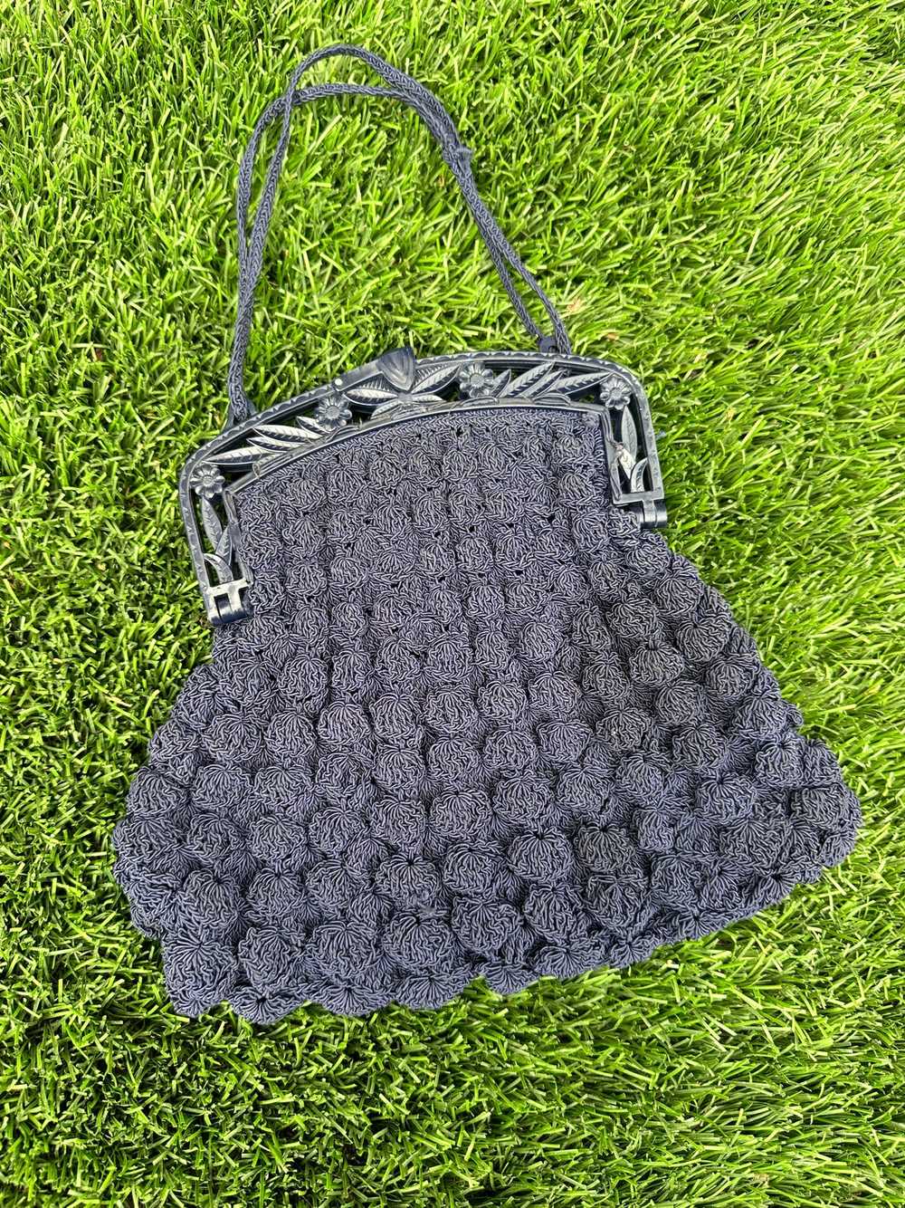 1930s Navy Knit Purse with Plastic Handle - image 1