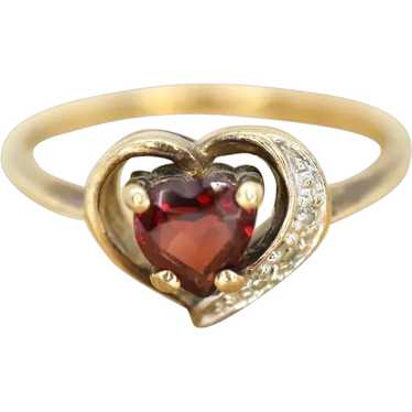 10k Garnet and Diamond Heart ring. Red Heart facet