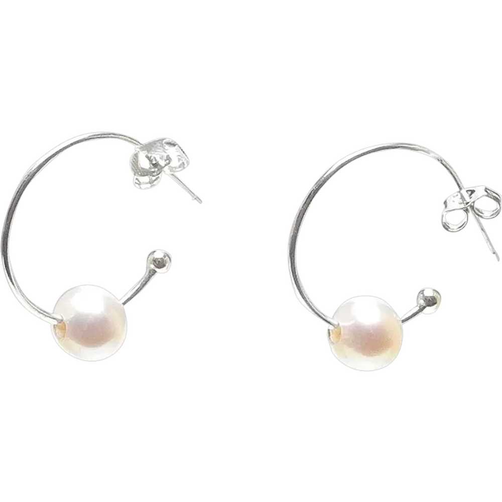 Sterling Silver Hoops with Cultured White Pearls - image 1