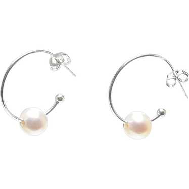 Sterling Silver Hoops with Cultured White Pearls - image 1