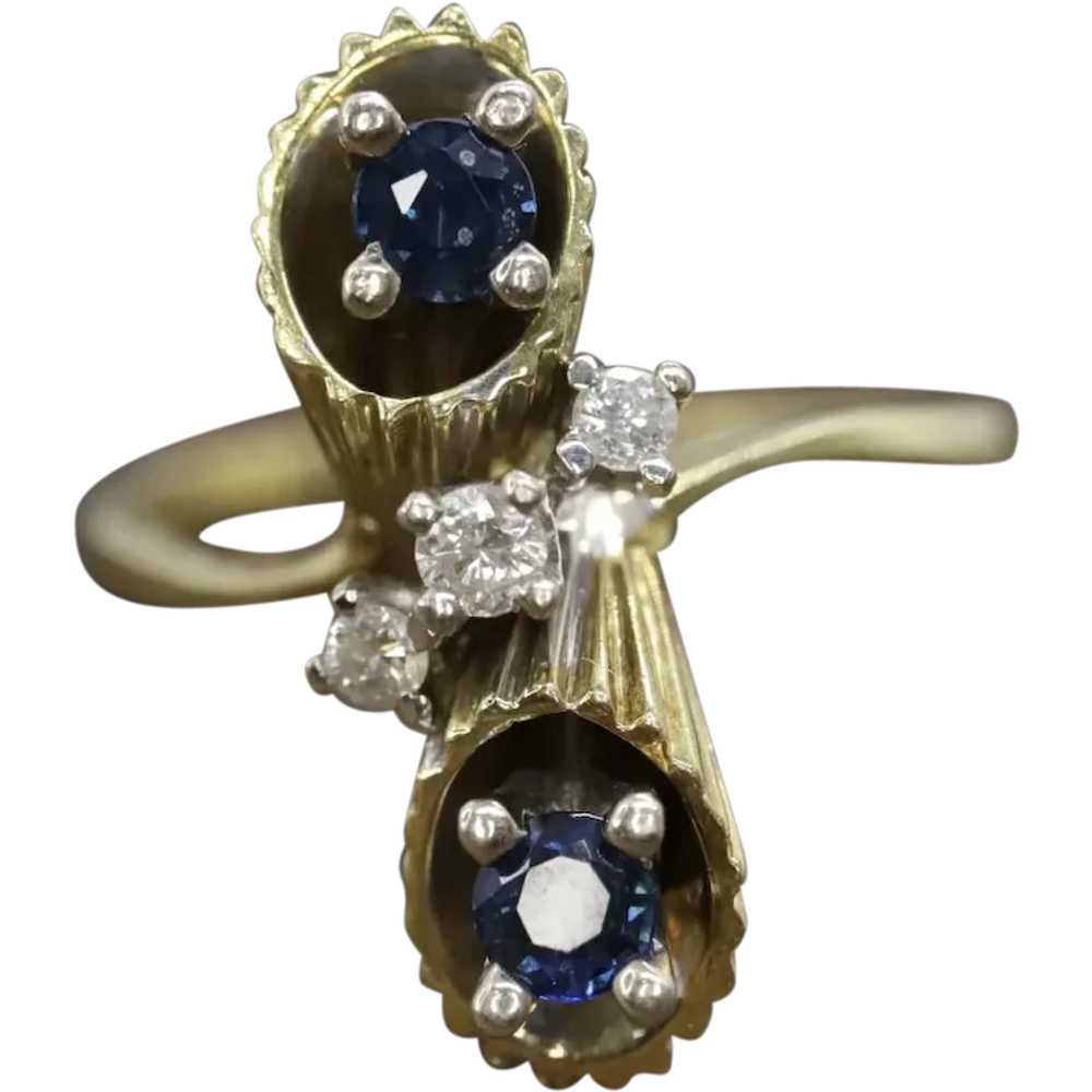 14k Sapphire Diamond Bypass ring. 14k Sapphire Fl… - image 1