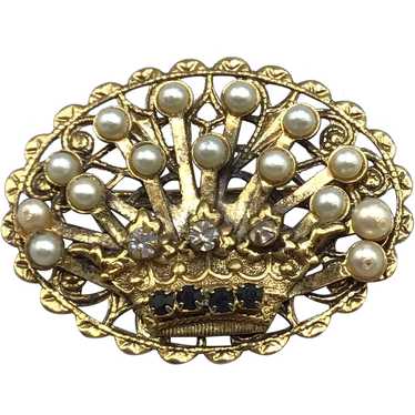 Crown Pin Gold Tone & Faux Pearls Filigree Pin Br… - image 1