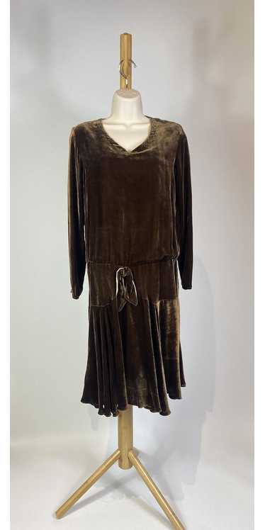 1920s Brown Silk Velvet Drop Waist Dress
