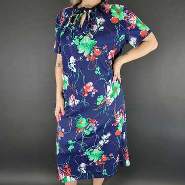 70s Three R's Navy Blue Floral House Dress - image 1