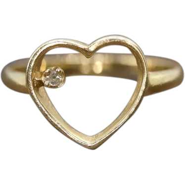 14k Open Heart and diamond ring. Dainty Heart lov… - image 1