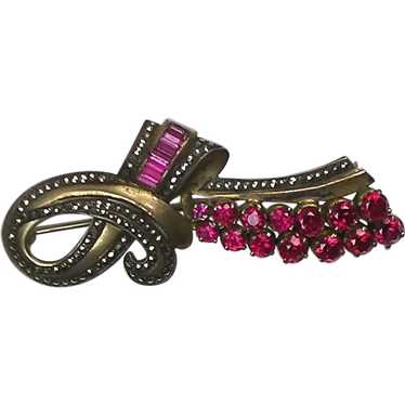 Rare French Art Deco Vermeil Ruby Marcasite Pin