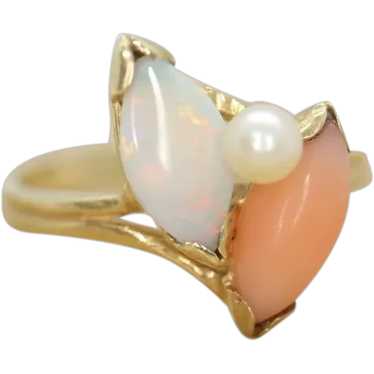 14k Pink Coral Opal and Pearl Cabochon cluster rin