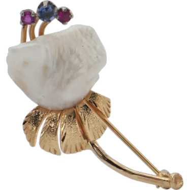 Vintage Natural Pearl, Ruby and Sapphire Gold Flo… - image 1