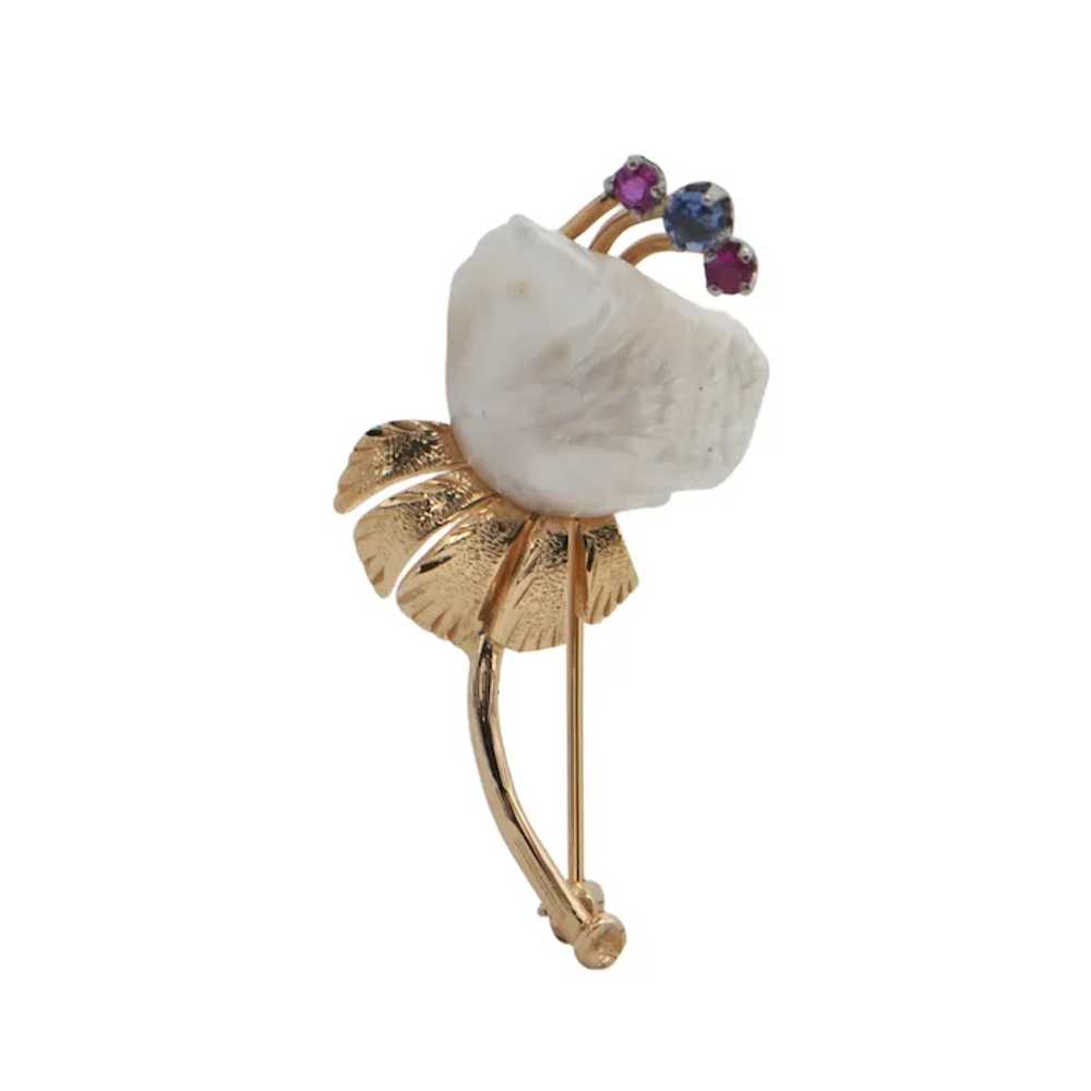 Vintage Natural Pearl, Ruby and Sapphire Gold Flo… - image 3