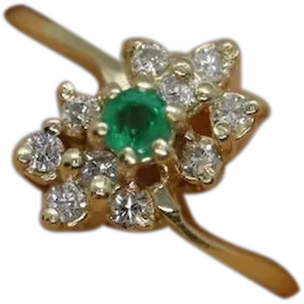 14k Emerald and Diamond Halo yellow gold ring. Em… - image 1