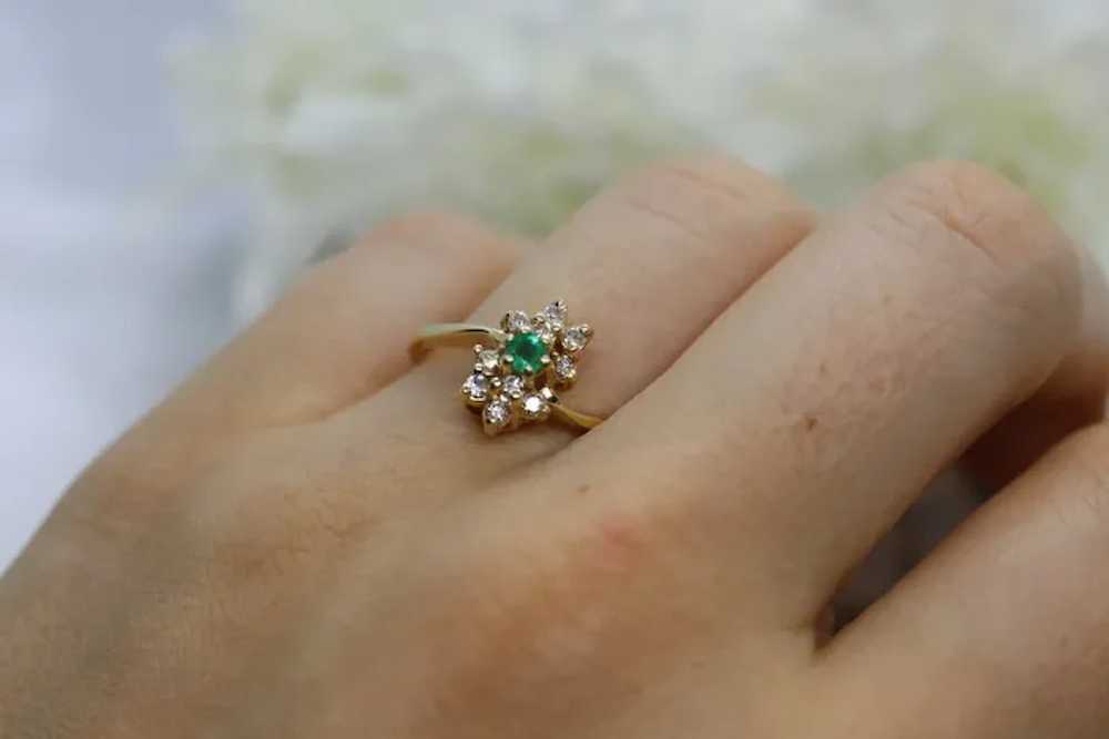 14k Emerald and Diamond Halo yellow gold ring. Em… - image 2