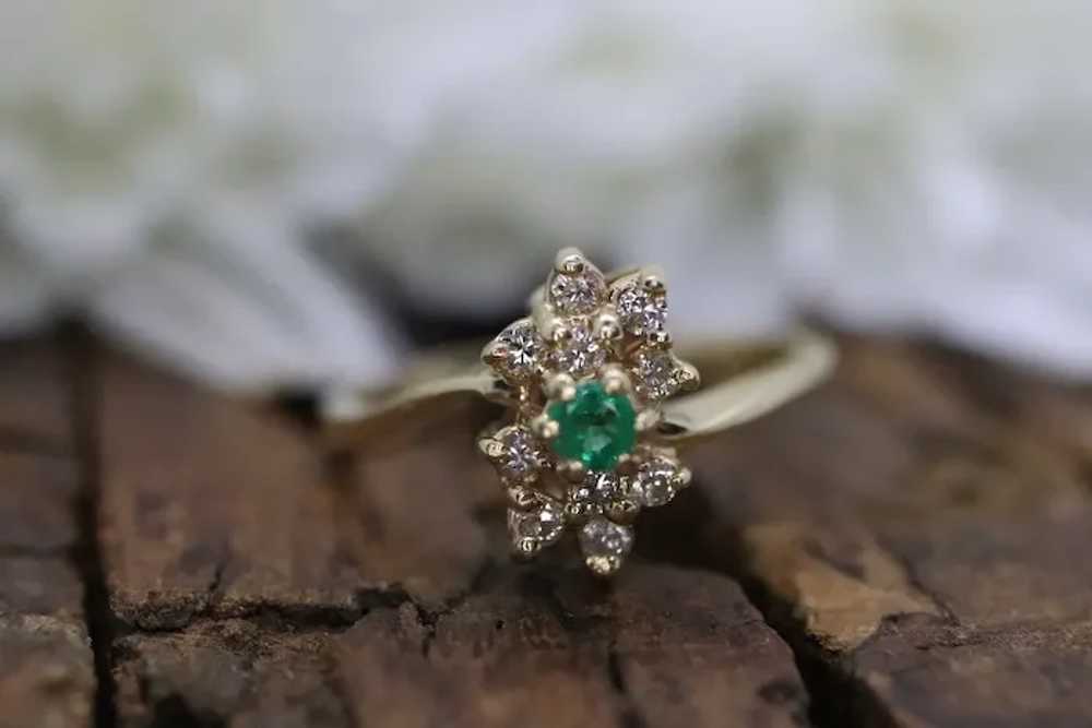 14k Emerald and Diamond Halo yellow gold ring. Em… - image 3
