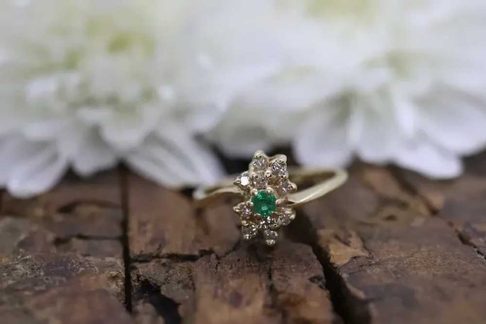 14k Emerald and Diamond Halo yellow gold ring. Em… - image 4