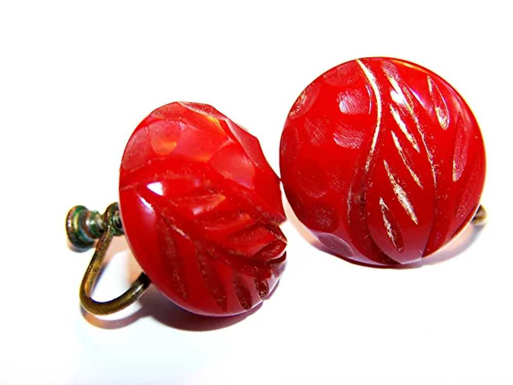 CHERRY RED Hand Carved LEAFY Pattern Bakelite Ear… - image 3