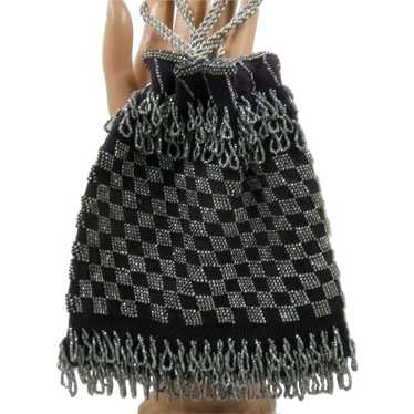 Ca 1920 Cut Steel Beaded Crocheted Bag Draw Chain 