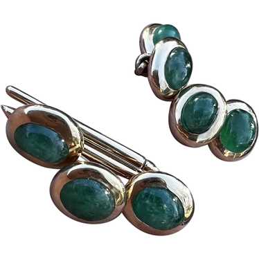 14K Yellow Gold Cabochon Emerald Cufflink and Stud