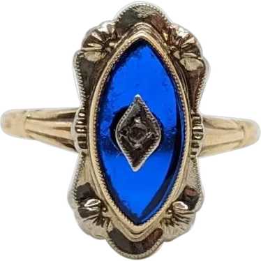 Antique 10k Blue Spinel Glass and diamond ring. V… - image 1