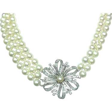 14k White Gold Diamond Pearl Necklace - image 1