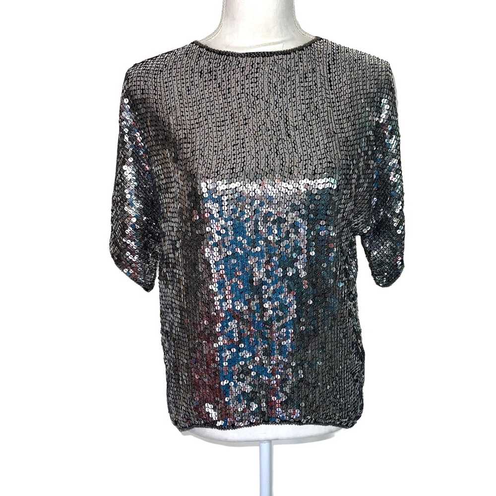 Vintage Albert Paul Womens Silver Sequin Top Medi… - image 1