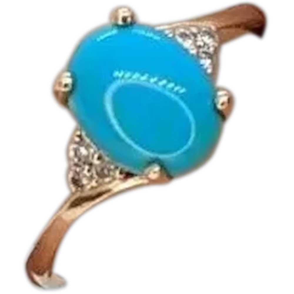 10k Large Turquoise Cabochon and Diamond Ring. 14… - image 1