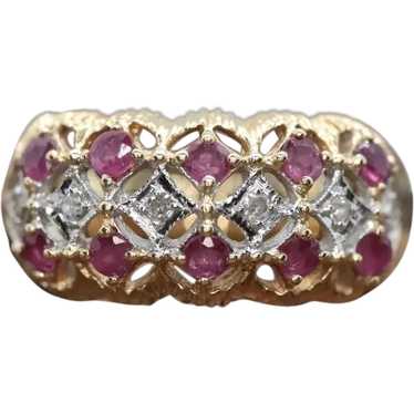 14k Ruby and Diamond Wide Cluster Filigree ring. … - image 1