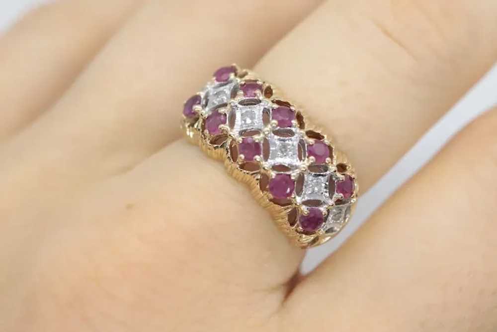 14k Ruby and Diamond Wide Cluster Filigree ring. … - image 2