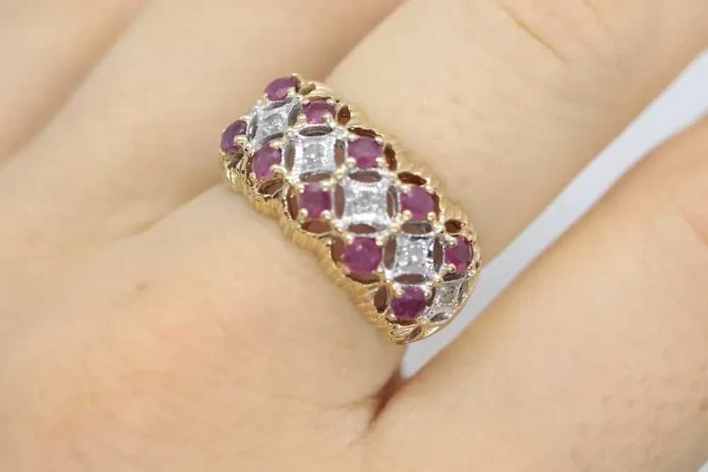 14k Ruby and Diamond Wide Cluster Filigree ring. … - image 7