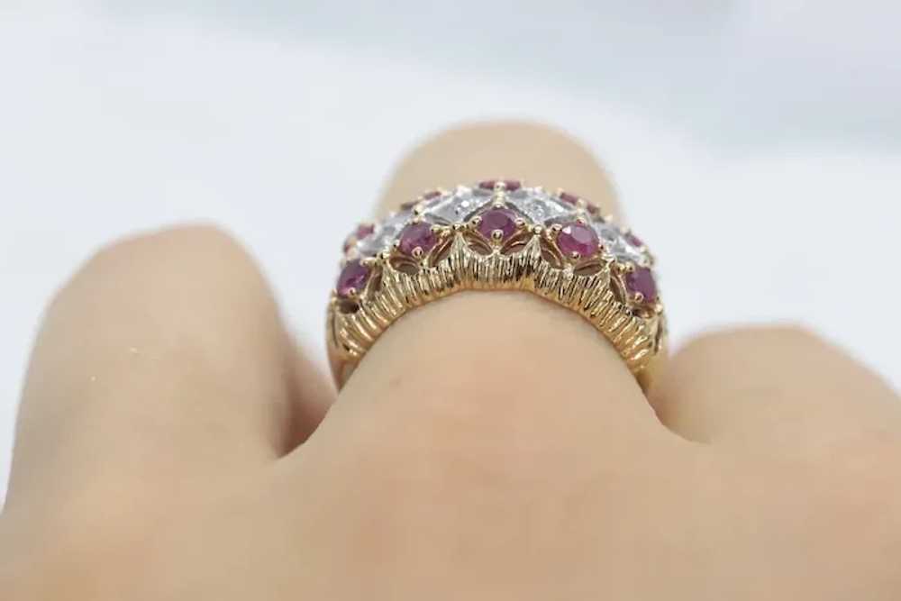 14k Ruby and Diamond Wide Cluster Filigree ring. … - image 9