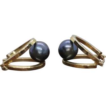 14k Black Pearl Hoop Earrings. Double Hoop Freshwa