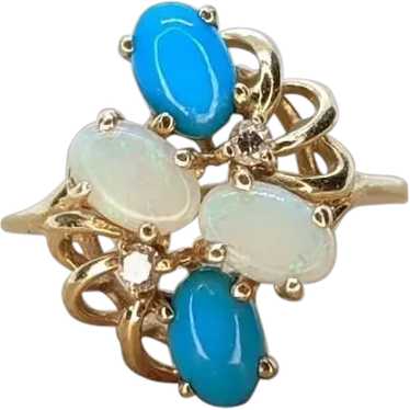 14k Bubble Turquoise Cabochon Opal diamond cluster