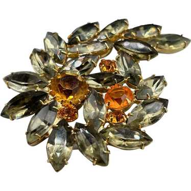 Vintage Rhinestones Brooch Smokey & Orange Glass … - image 1