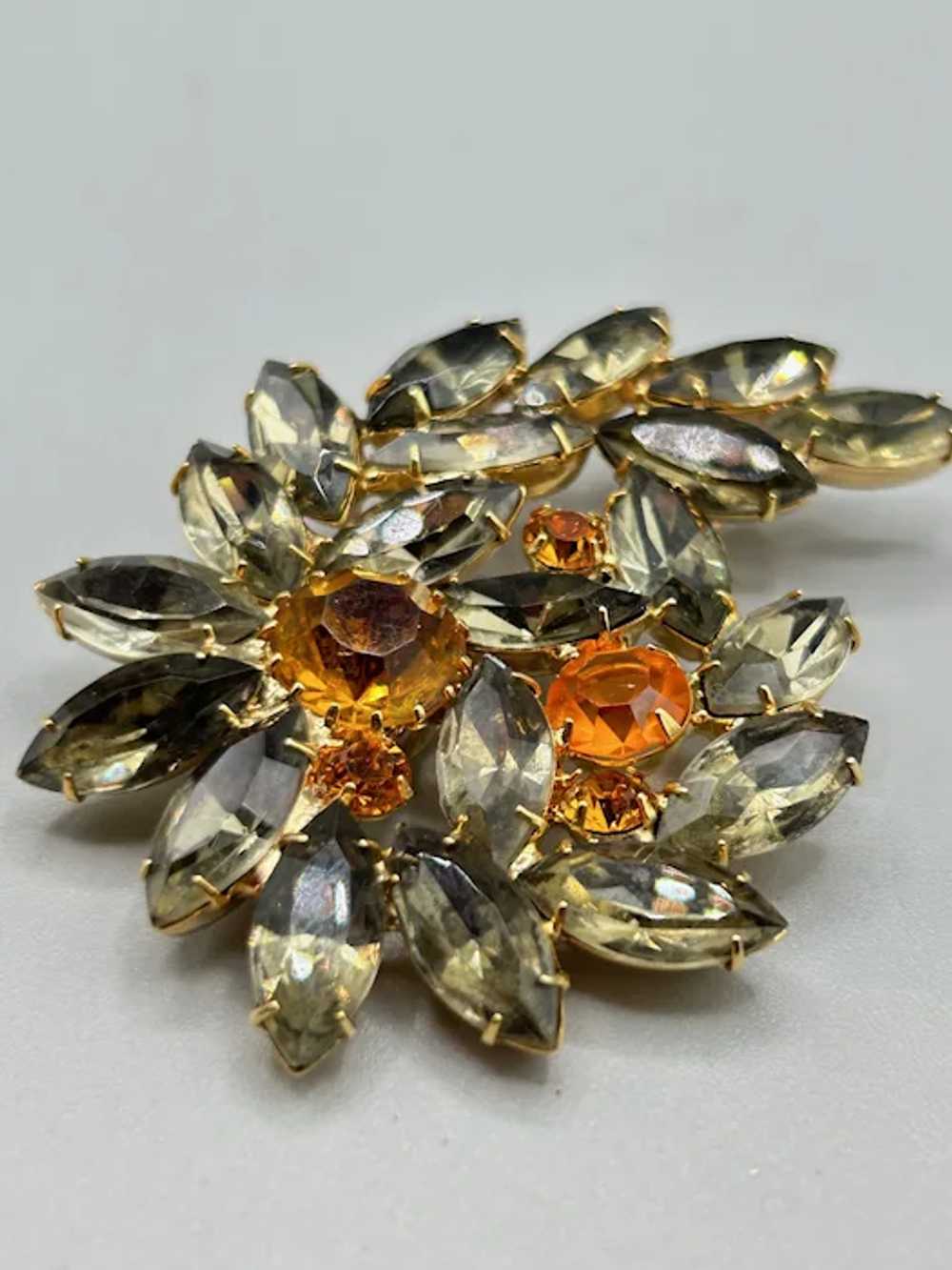 Vintage Rhinestones Brooch Smokey & Orange Glass … - image 2