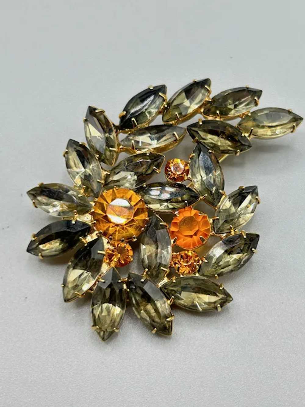 Vintage Rhinestones Brooch Smokey & Orange Glass … - image 3