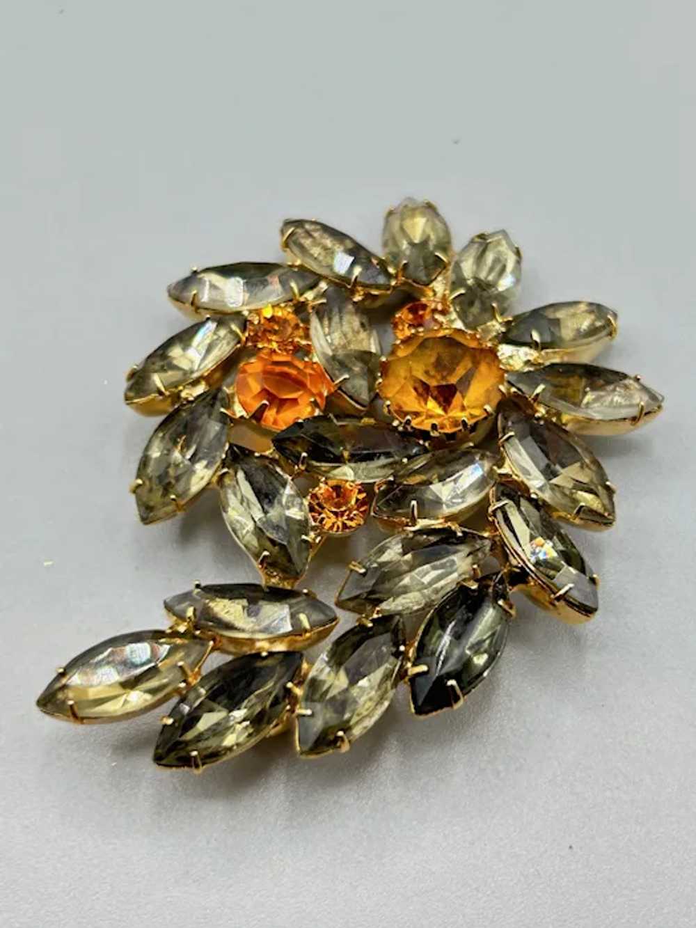 Vintage Rhinestones Brooch Smokey & Orange Glass … - image 6