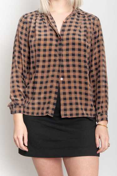 Checked silk blouse long sleeve Brown-Black - image 1