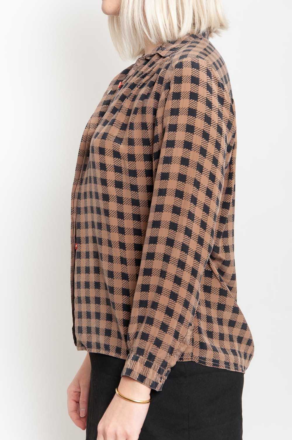 Checked silk blouse long sleeve Brown-Black - image 3