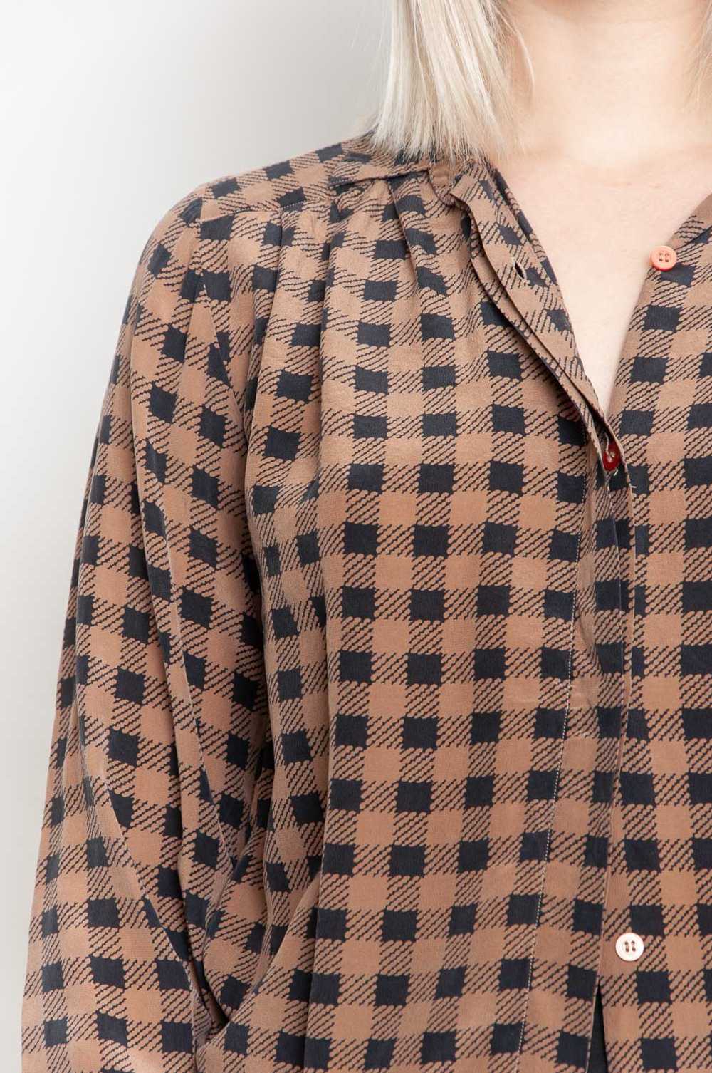 Checked silk blouse long sleeve Brown-Black - image 4