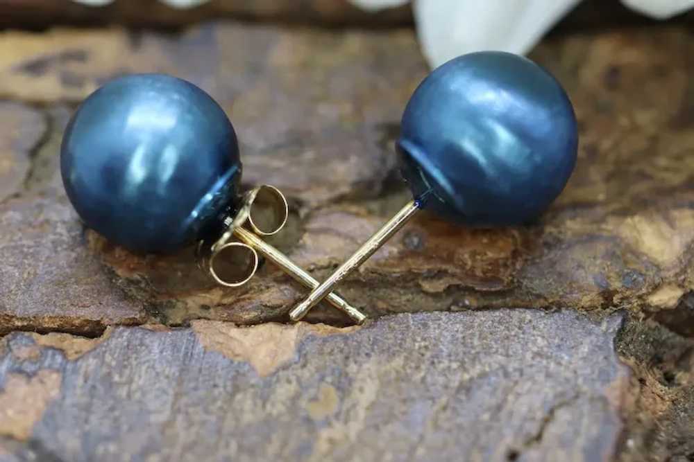 14k Gold Blue Bead stud earrings. Disco BALL stud… - image 2