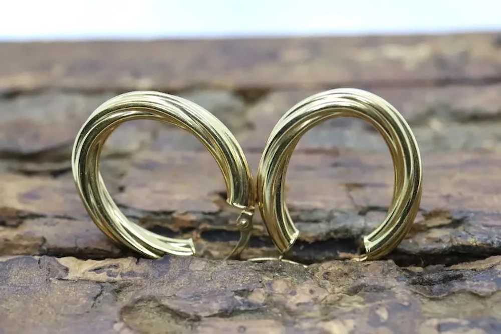 18k Gold Puffed Hollow Twisted HOOP Earrings. Glo… - image 10
