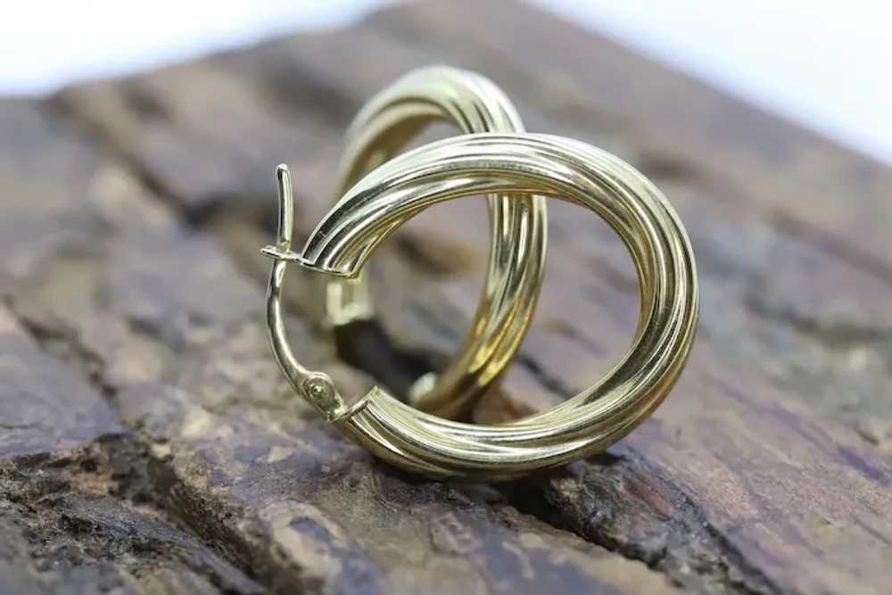 18k Gold Puffed Hollow Twisted HOOP Earrings. Glo… - image 3