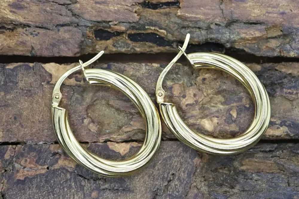 18k Gold Puffed Hollow Twisted HOOP Earrings. Glo… - image 6